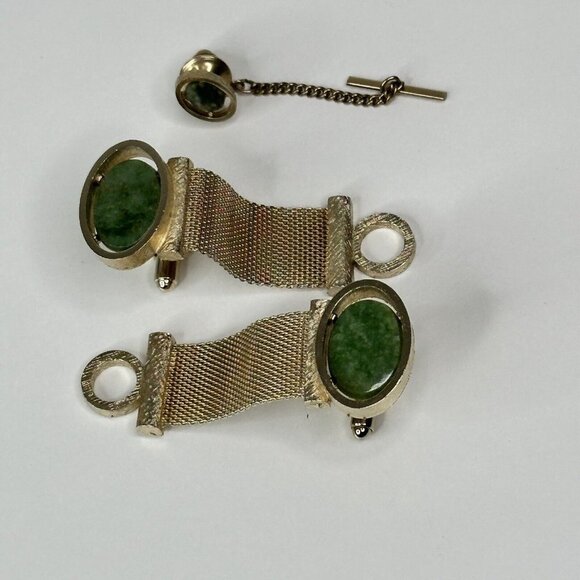 Dante Gold Tone Mesh Cufflinks & Tie Tack Set Green Stone Vintage Mens - Picture 7 of 8